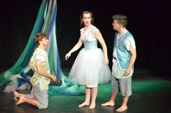 David Mavricos as Demetrius, Amber G. Gibson as Helena, and Ben Lauer as Lysander Photo