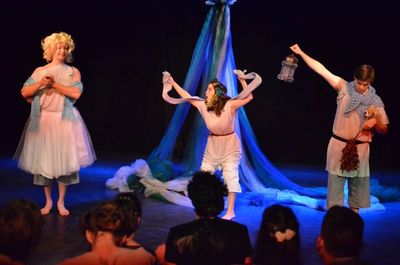 Willem Krumich as Flute, Jenna Berk as Snug, and Zach Roberts as Starveling Photo