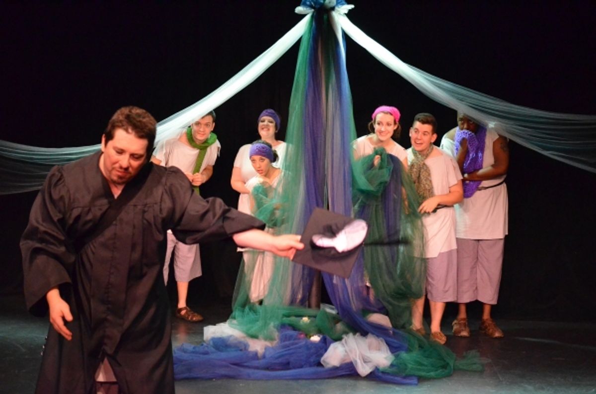 Joshua D. Brown as the Schoolmaster, with Willem Krumich, Kelly Elliott, Renana Fox, Amber G. Gibson, Ben Lauer and Anderson Wells at 