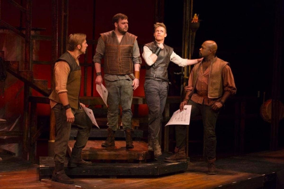 Hunter Ryan Herdlicka (Mordred), second from right, surrounded by Perry Sook (Sir Lionel), Ryan G. Dunkin (Sir Sagramore), and Kent Overshown (Sir Dinadan) at 