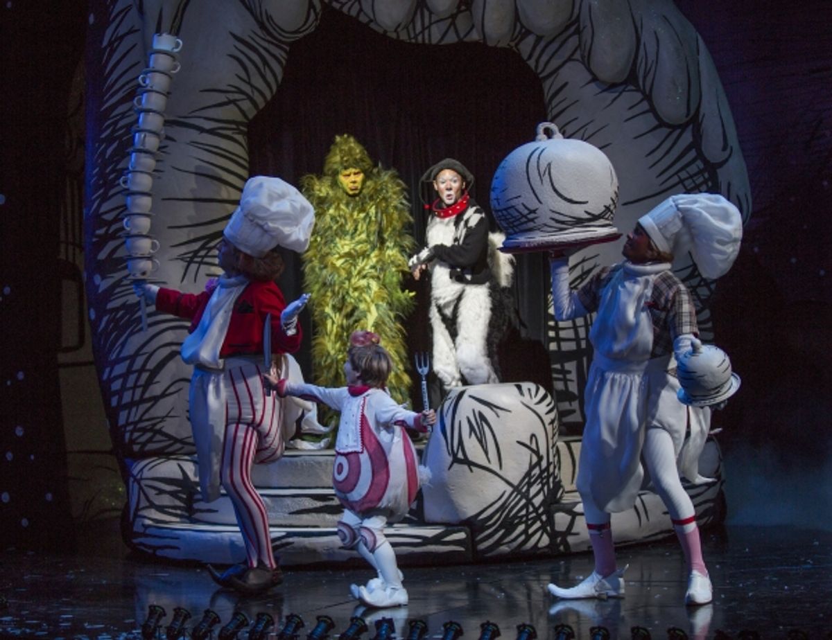 Burke Moses as The Grinch and Jeffrey Schecter as Young Max (center) with David Kirk Grant, Noah Baird, and Nathan Andrew Riley at 