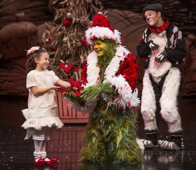 Gabriella Dimmick as Cindy-Lou Who, Burke Moses as The Grinch, and Jeffrey Schecter a Photo