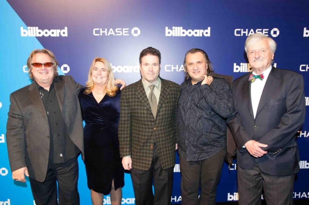Light of Day Foundation team on the red carpet at the Billboard Touring Awards: Tony Pallagrosi, co-founder; Jean Mikle, board member; Bob Benjamin, co-founder; Joe D''Urso, board member, Robin Elliott, executive director, Parkinson''s Disease Foundation, at 
