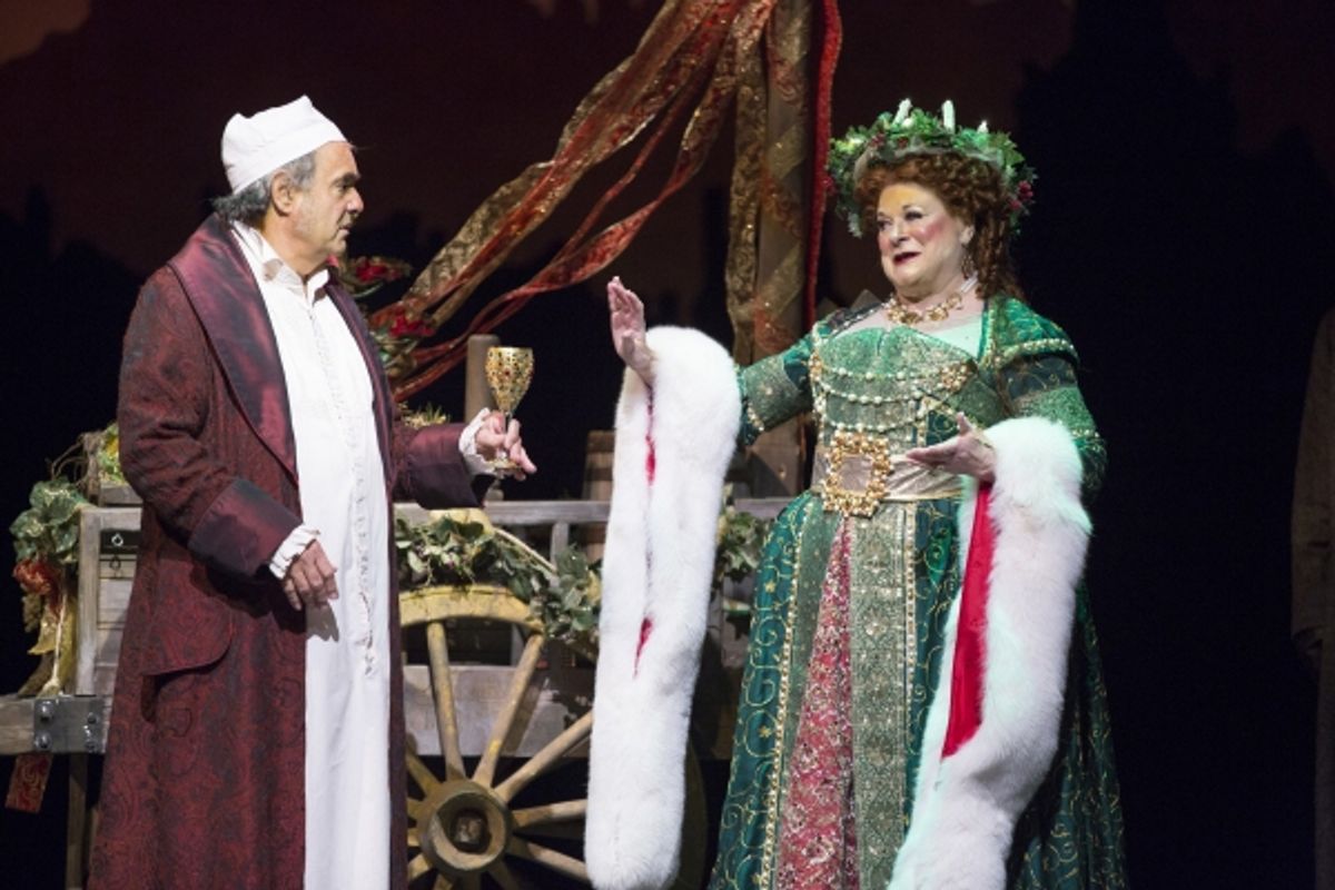 Edward Gero as Scrooge and Anne Stone as the Ghost of Christmas Present at 