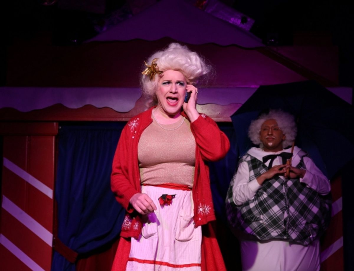 Mrs, Claus (Ed Jones) has a little misunderstanding with her weekly liquor order as Sam the Snowman (Jaime Smith) looks on at 