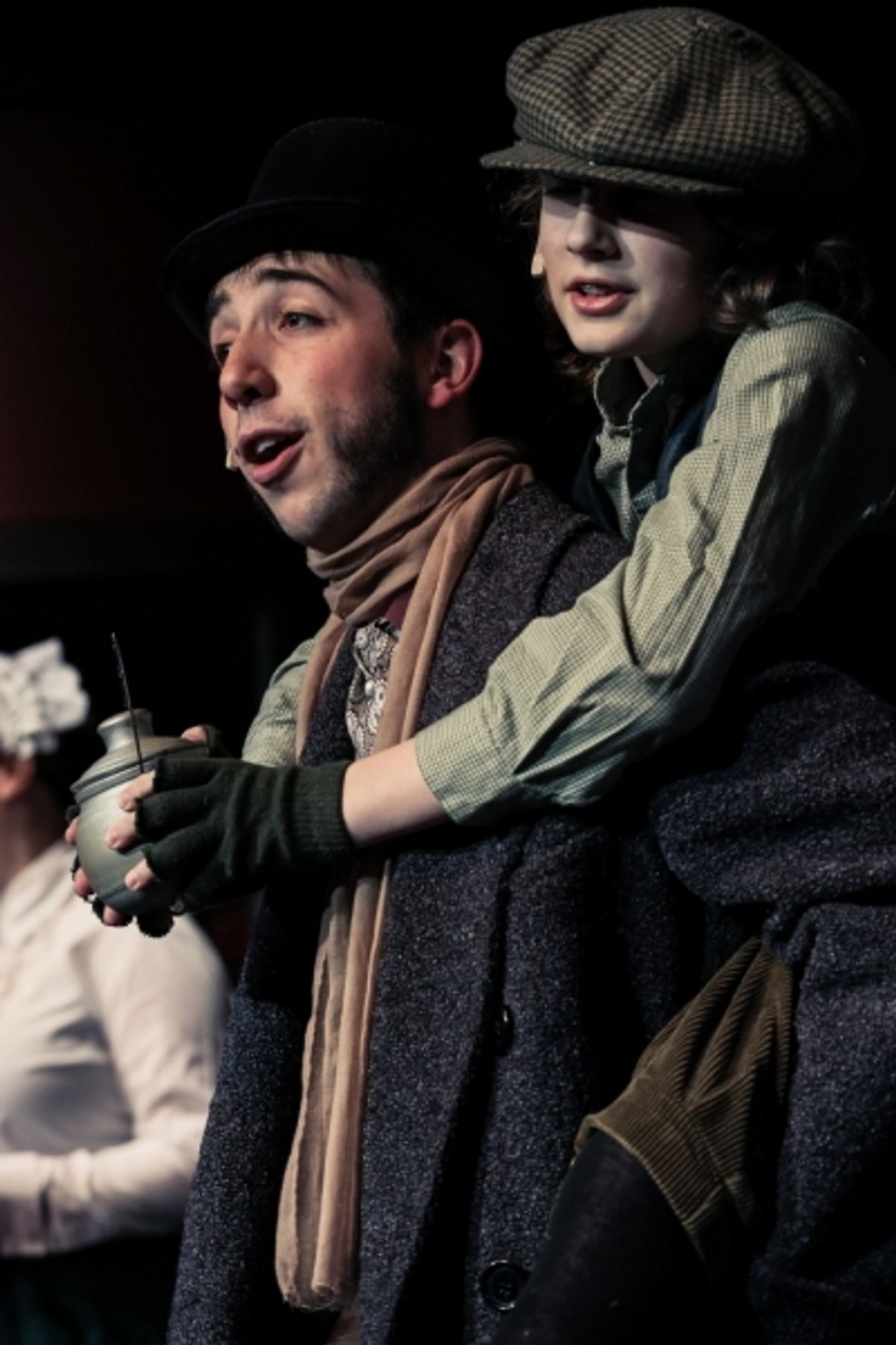 Derek Hall (Bob Cratchit), Harrison Devlin (Tiny Tim) at 