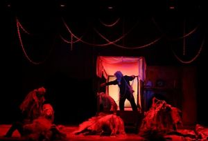 Scrooge (Joel Rainey), Ghost of Jacob Marley (Alan Payne) and the ensemble Photo