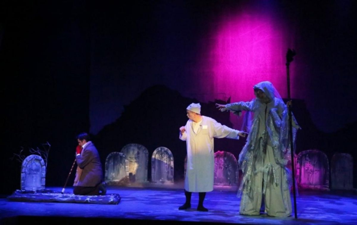 Bob Cratchit (Gary Rucker), Scrooge (Joel Rainey), Christmas Future (Tiffany Anderson) at 