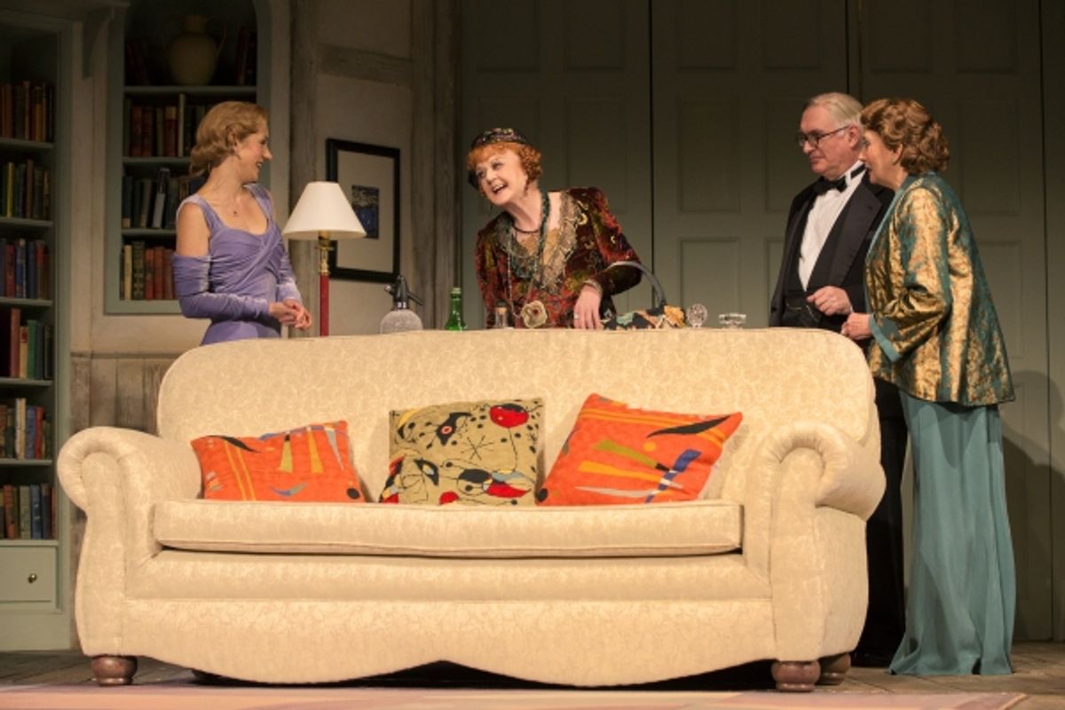 Charlotte Parry as Ruth Condomine, Angela Lansbury as Madame Arcati, Simon Jones as Dr. Bradman and Sandra Shipley as Mrs. Bradman  at 