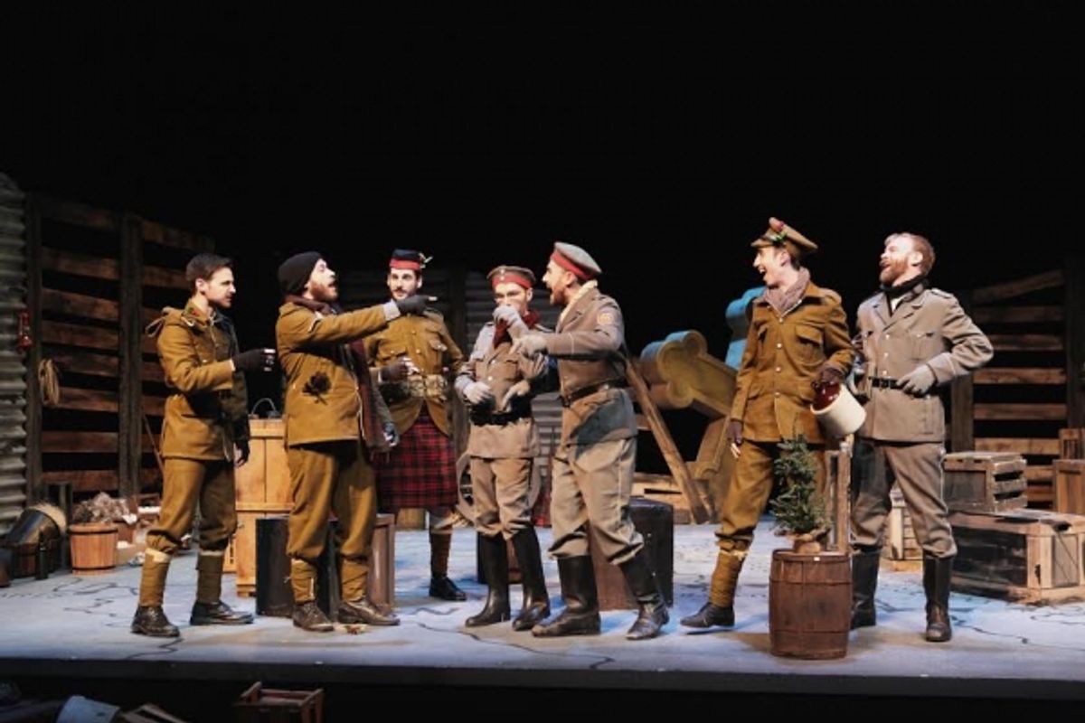 British and German soldiers celebrate Christmas. Left to right: Jared Earland, Aaron Epstein, Matt Krieg, Michael Gettinger, Patrick McWillilams, Jack Manion, Jeffrey K. Miller. (Photo by Mikki Schaffner)
 at 