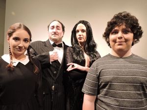 Ashley Wool as Wednesday, John Anthony Lopez as Gomez Addams, Jennifer Silverman as Morticia and Lior Shaham as Pugsley @ BroadwayWorld Ashley Wool as Wednesday, John Anthony Lopez as Gomez Addams, Jennifer Silverman as M Photo