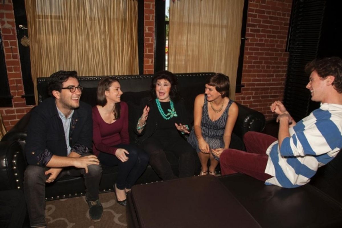 Barbara Van Orden (center) shares stage humorous stage anecdotes about working the Playboy Clubs with contestants Matthew Solomon, Arielle Fishman, Tory Stolper and Jotape Lockwood at 