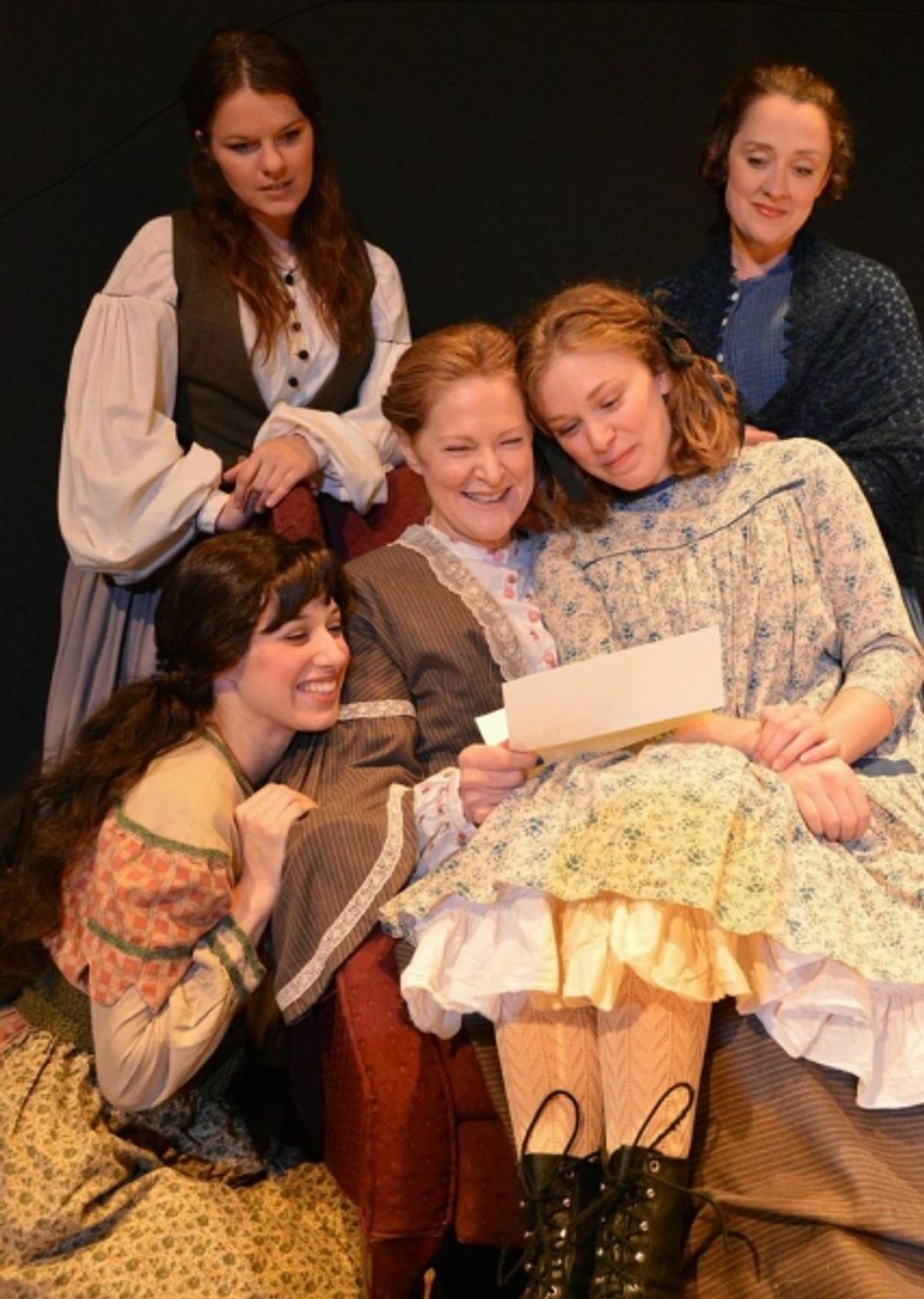Maggie Lou Rader as Jo, Kelly Mengelkoch as Meg, Courtney Lucien as Amy, Annie Fitzpatrick as Marmee and Caitlin McWethy as Beth at 