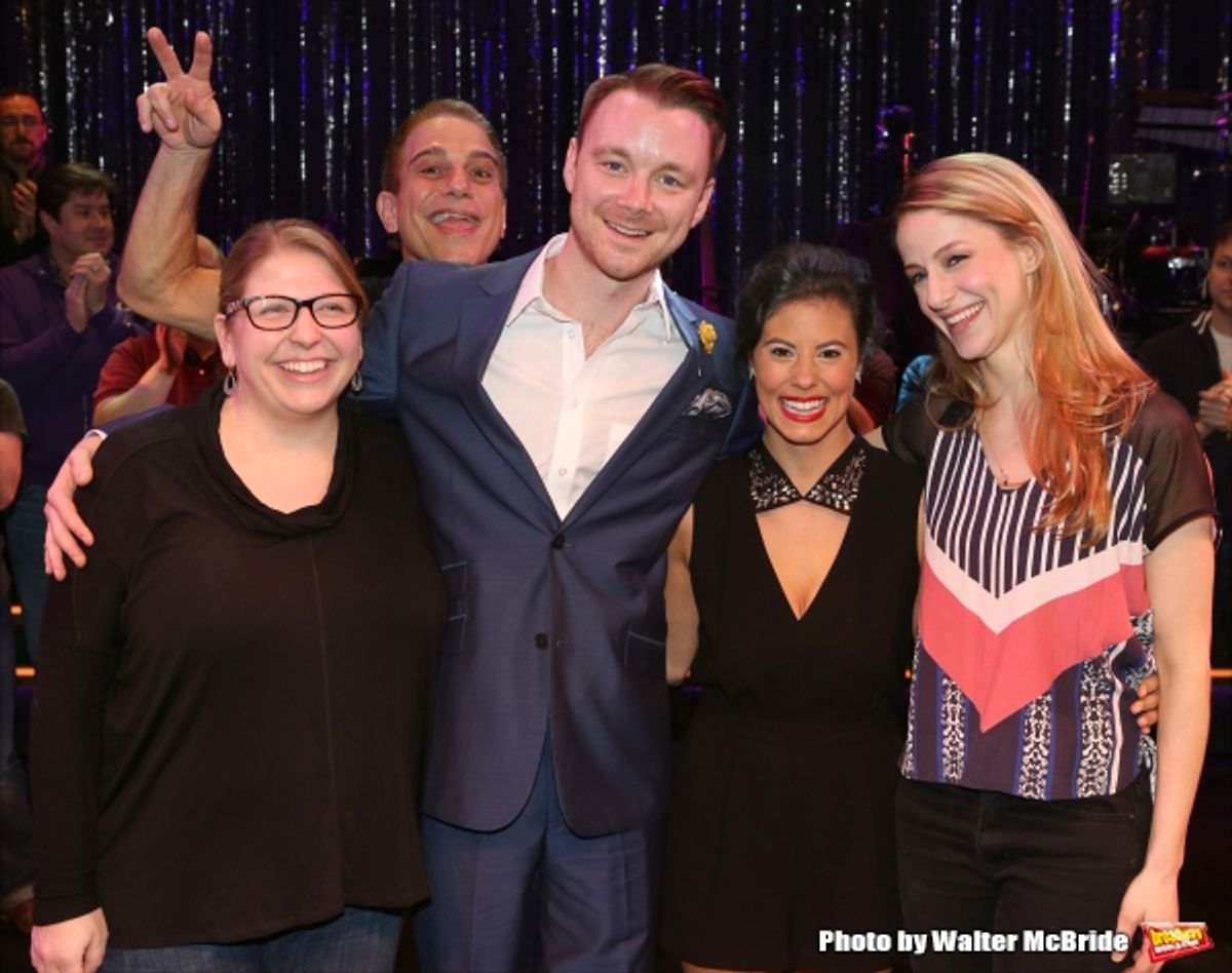 Tony Danza photo bombs Broadway debut cast members Andrea Cibelli (ASM), Barry Busby, Jessica Naimy and Erica Sweany at 