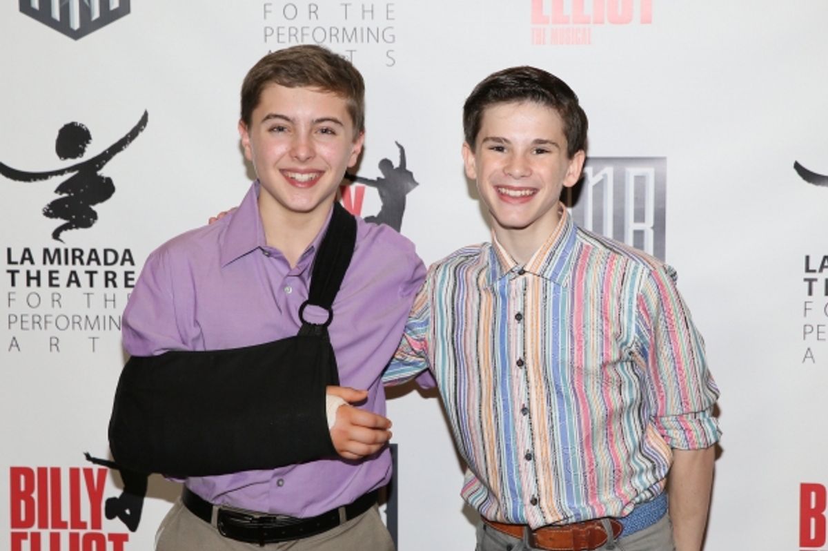 Noah Parets (cast for Billy before breaking his arm in rehearsals) and cast member Michael Tobin (Billy)  at 