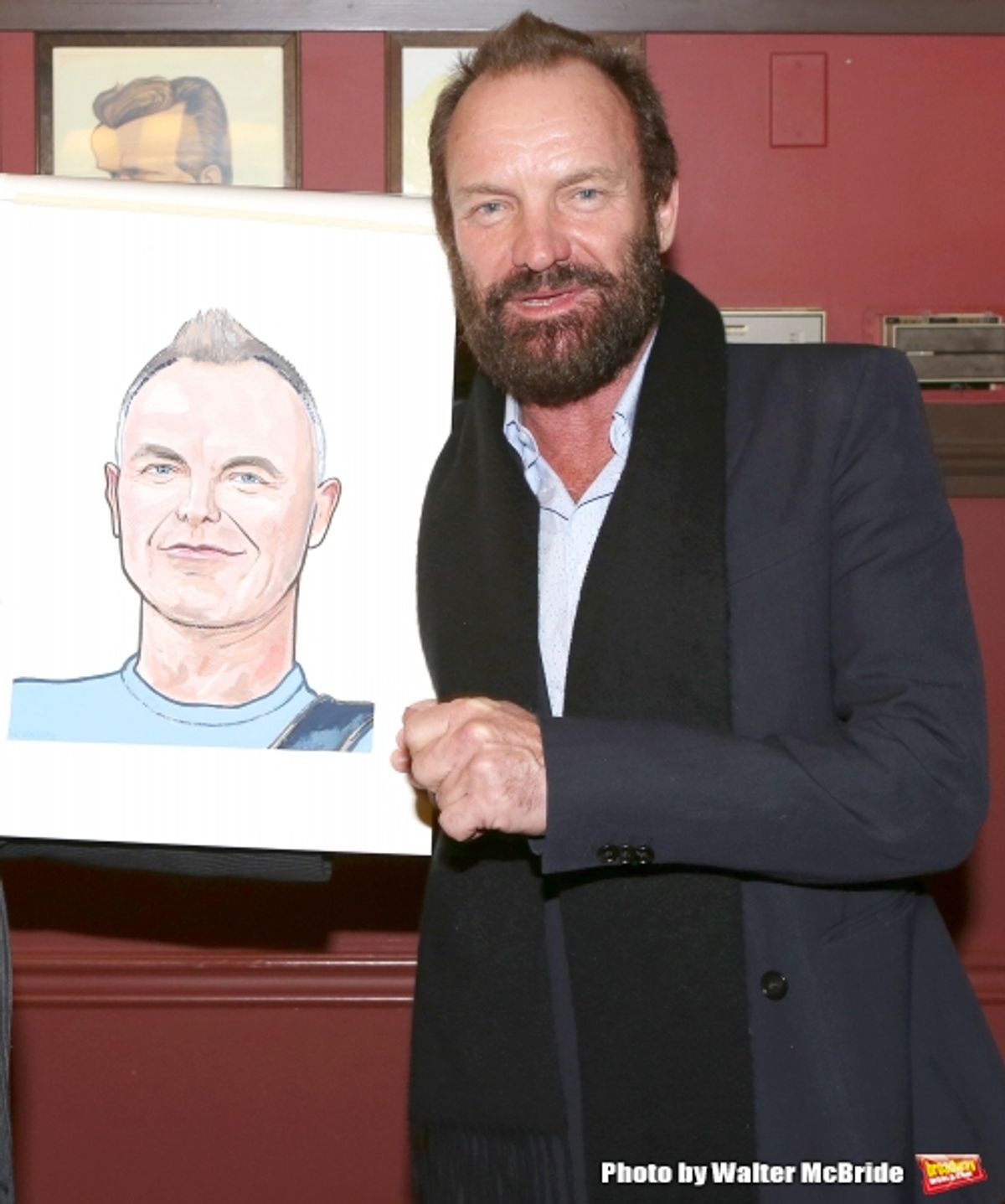 Max Klimavicius presents Sting with his caricature unveiling at Sardi's on January 20, 2015 in New York City. at 