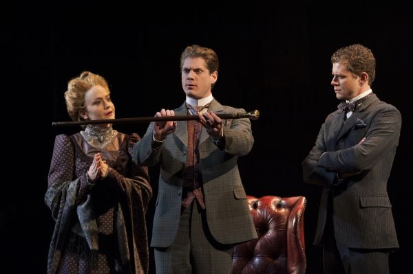 Jane Pfitsch, Gregory Wooddell as Sherlock Holmes and Lucas Hall as Doctor Watson Photo