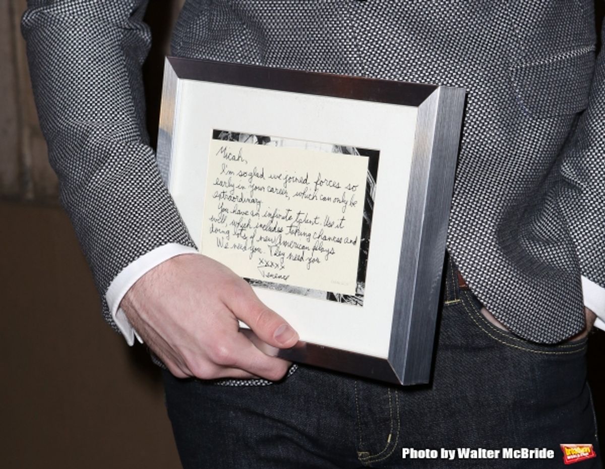 Micah Stock, with his treasured note from Terrence McNally at 