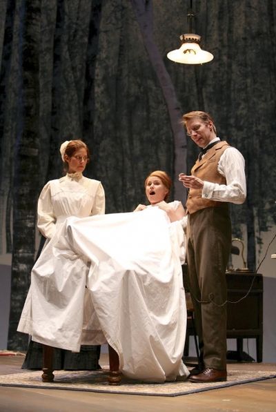 Lena Kaminsky (Annie), Kate MacCluggage (Sabrina Daldry), and Christopher Kelly (Dr.  Photo