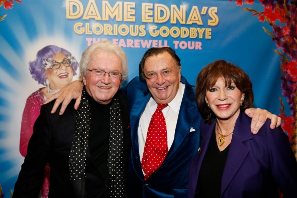 Composer Leslie Bricusse, Dame Edna creator and performer Barry Humphries and Yvonne Bricusse  at 