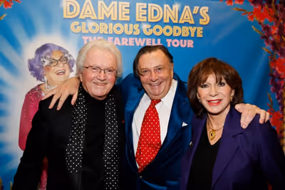 Composer Leslie Bricusse, Dame Edna creator and performer Barry Humphries and Yvonne  Photo