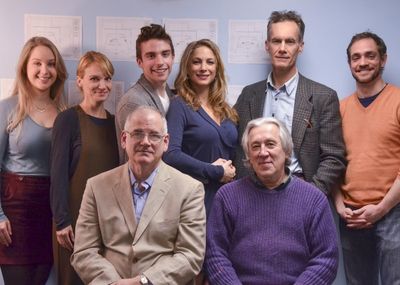 (Seated, l-r): Playwright Iddo Netanyahu, and director Alex Dmitriev with the cast (s Photo