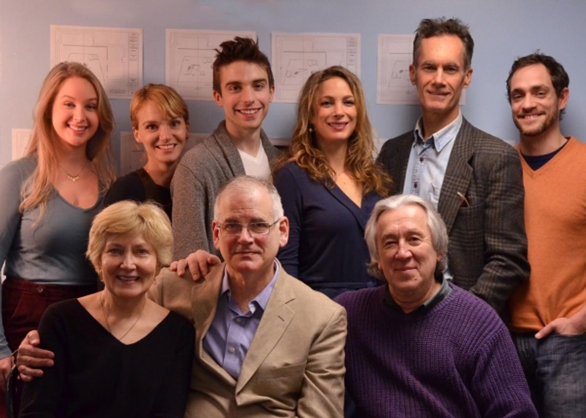 (Seated, l-r) Artistic Director Jan Buttram, playwright Iddo Netanyahu, and director Alex Dmitriev with the cast (standingl-r) Allison Siko, Lori Gardner, Phil Gillen, Carmit LevitÃ©, Curzon Dobell, and Joel Ripka at 