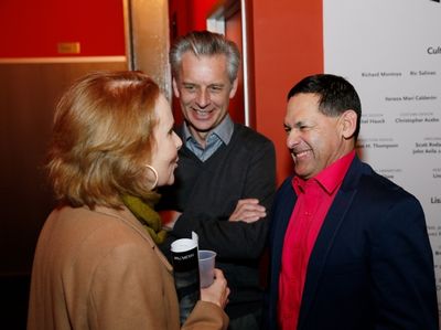 Actress Kate Burton and CTG Artistic Director celebrate with cast member Ric Salinas Photo