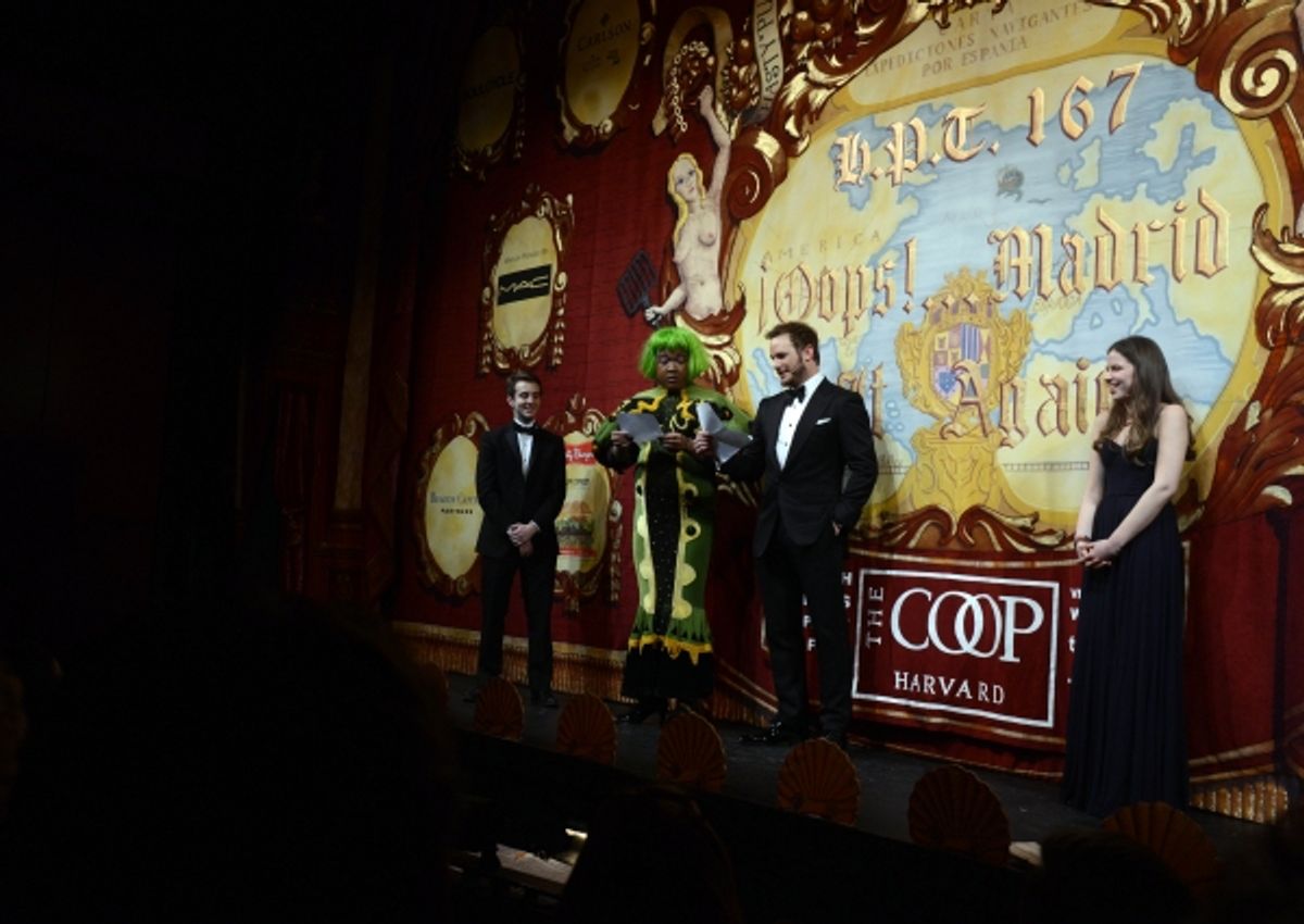 Chris Pratt performs in skits with members of the Hasty Pudding Theatricals club at 