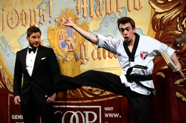 Chris Pratt performs in a skit with Sam Clark  Photo