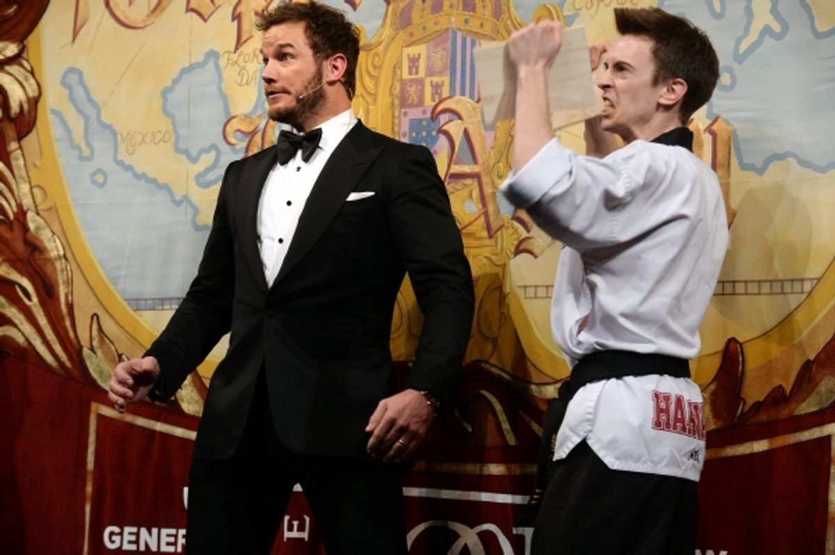 Chris Pratt performs in a skit with Sam Clark  at 