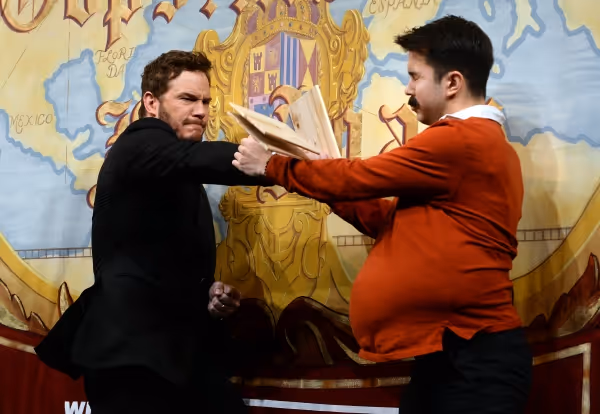 Chris Pratt performs in a skit with Paris Ellsworth  Photo