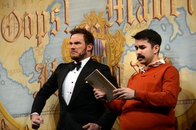 Chris Pratt performs in a skit with Paris Ellsworth  Photo