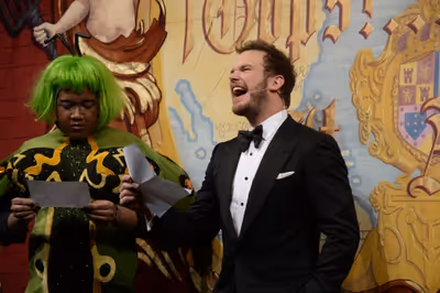 Chris Pratt performs in a skit with Joshua Campbell Photo