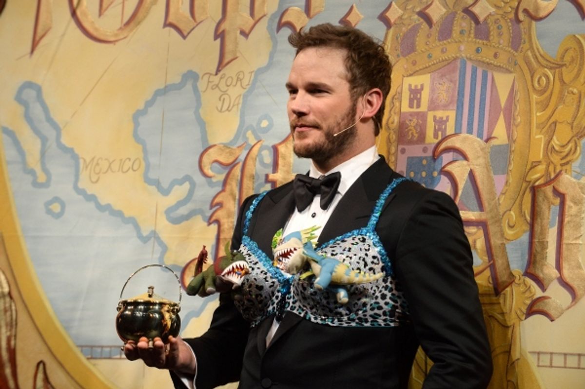 Chris Pratt performs in skits with members of the Hasty Pudding Theatricals club at 