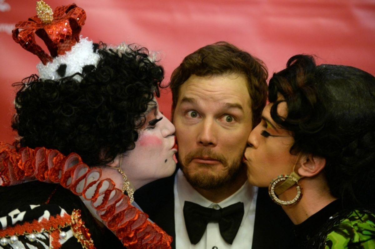 Chris Pratt vamps it up following a press conference with Reed Silverman and Sam Clark at 