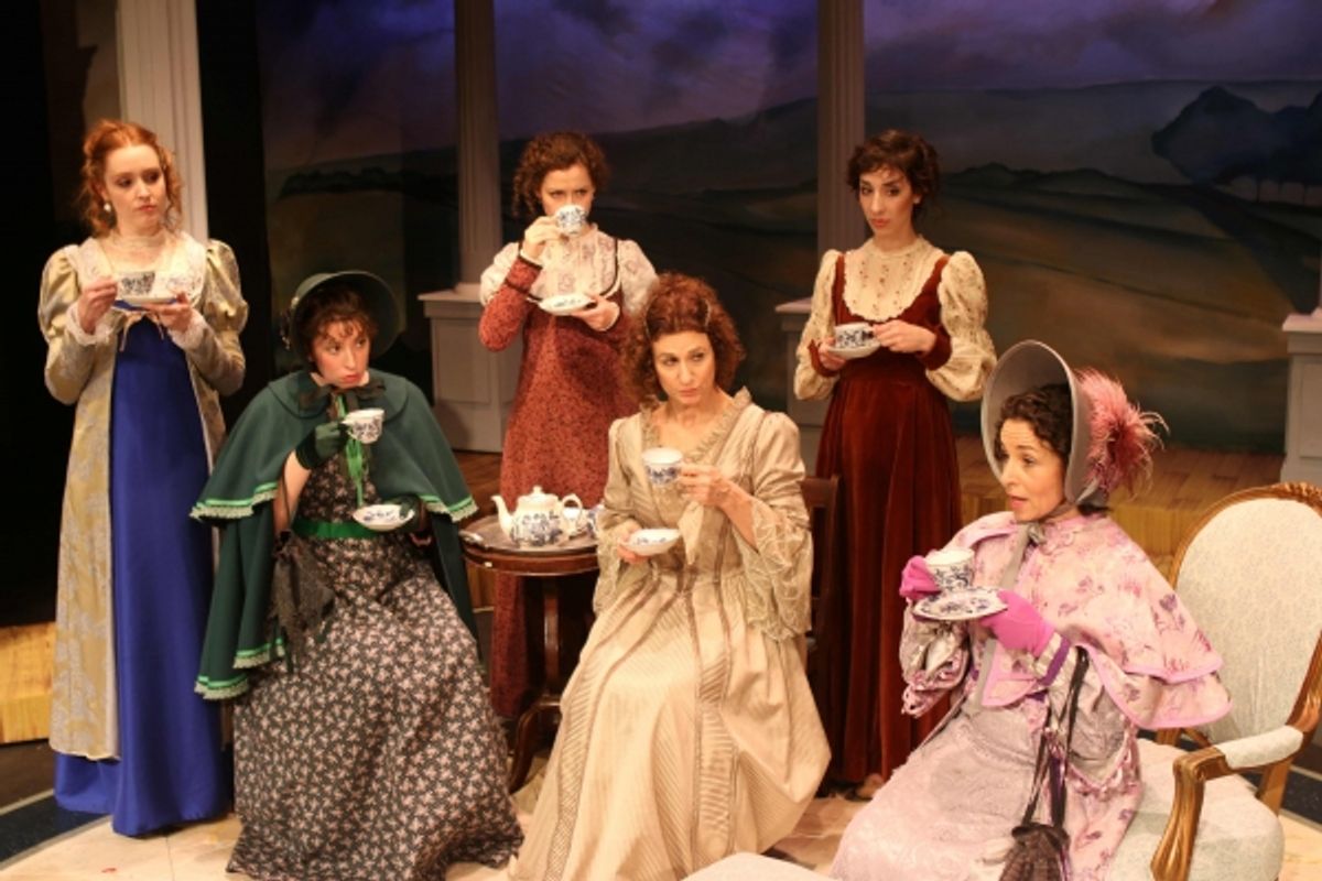 Greyson Chadwick (Elizabeth Bennet), Jorie Janeway (Charlotte Lucas), Ivy Beech (Jane Bennet), Deborah Marlowe (Mrs. Bennet), Francesca Fromang (Lydia Bennet), Jennie Fahn (Lady Lucas) at 