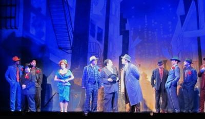 Lauren Weinberg (Adelaide) and the male ensemble (Gabe Rodrigues on the end) Photo