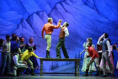 William Leonard (Frank), Corey John Hafner (Zeke), and the cast of SEVEN BRIDES FOR S Photo