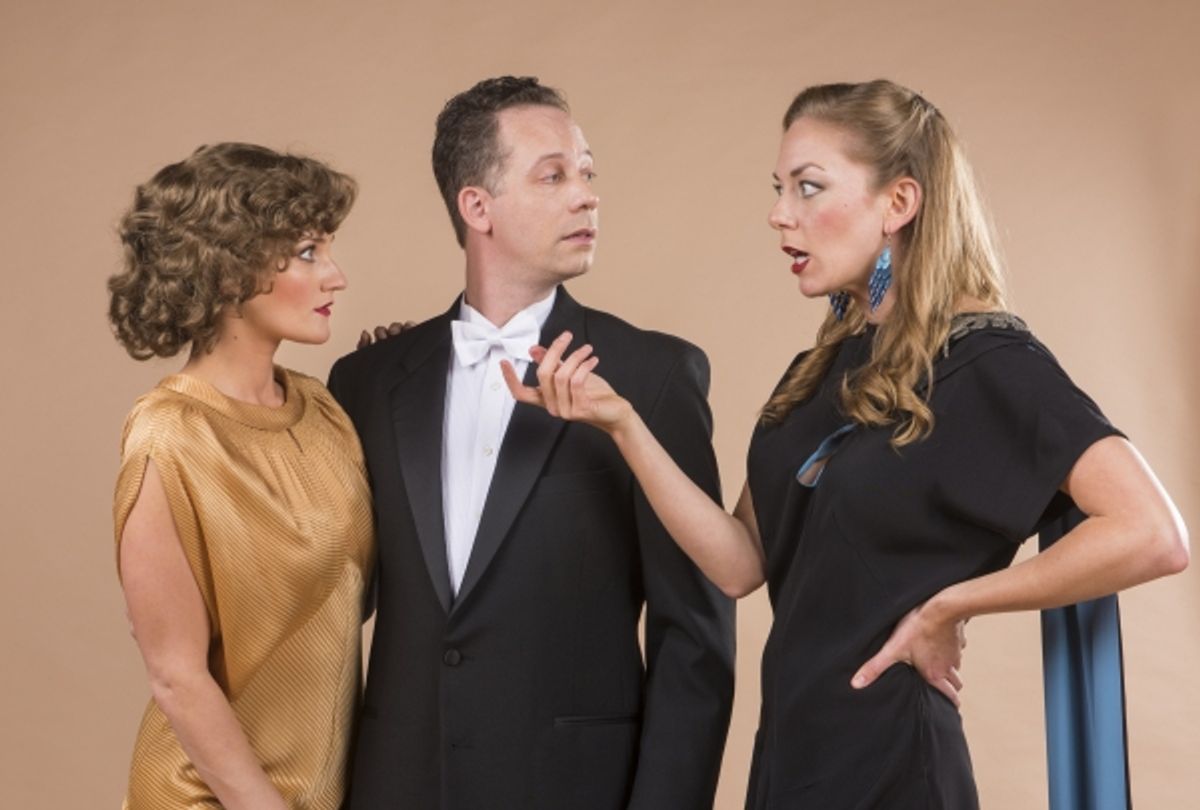 Nora (Brittany Danielle) and Nick (Ryan Drummond) are intrigued by Tracy's (Allison Rich) tale of murder and deceit  at 