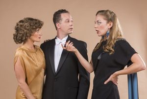 Nora (Brittany Danielle) and Nick (Ryan Drummond) are intrigued by Tracy's (Allison Rich) tale of murder and deceit @ BroadwayWorld Nora (Brittany Danielle) and Nick (Ryan Drummond) are intrigued by Tracy's (Allison R Photo