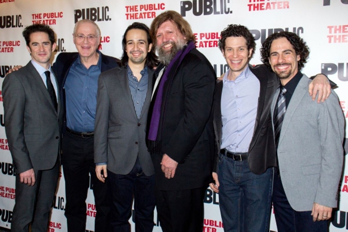 Andy Blankenbuehler, Ron Chernow, Lin-Manuel Miranda, Oskar Eustis, Thomas Kail, Alex Lacamoire at 