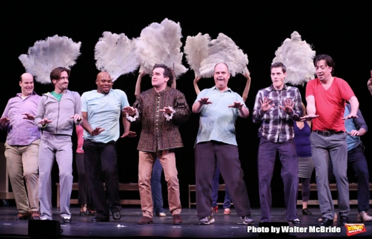 Brian D'Arcy James and Brad Oscar with the cast during a rehearsal presentation of 'Something Rotten! A Very New Musical'  at the Little Shubert Theatre on February 17, 2015 in New York City. at 