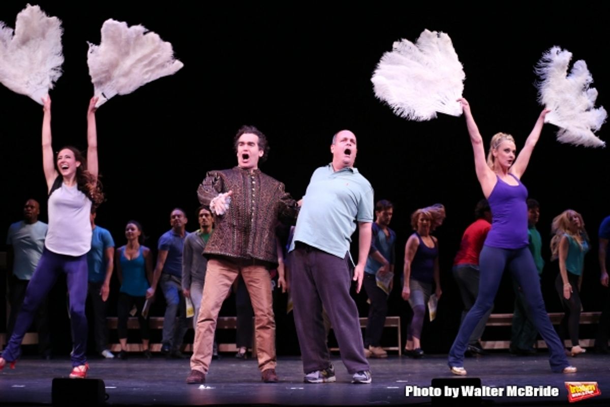 Brian D'Arcy James and Brad Oscar with the cast during a rehearsal presentation of 'Something Rotten! A Very New Musical'  at the Little Shubert Theatre on February 17, 2015 in New York City.  at 