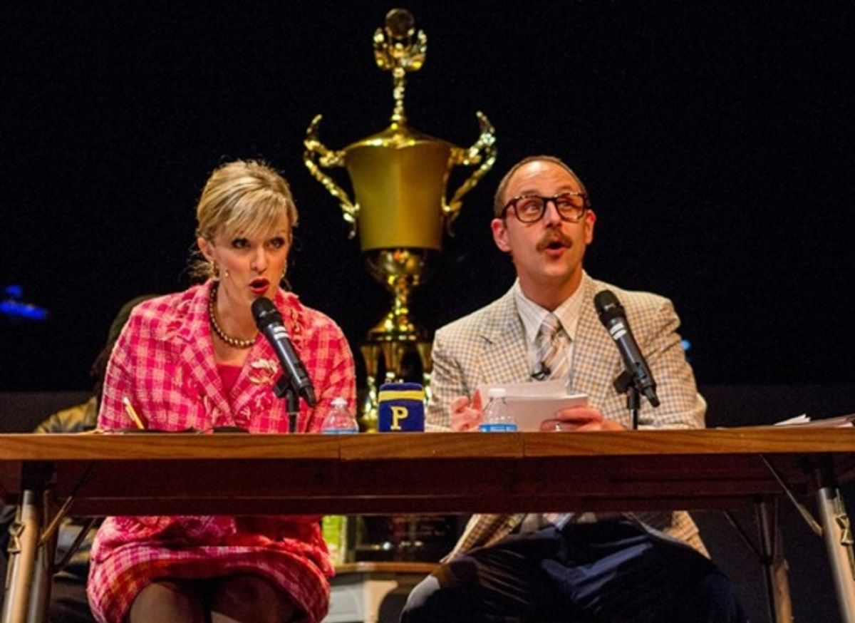 Nancy Snow Carr* & Geno Carr*, as Rona Lisa Peretti and Douglas Panch in Intrepid Shakespeare Company''s The 25th Annual Putnam County Spelling Bee at 