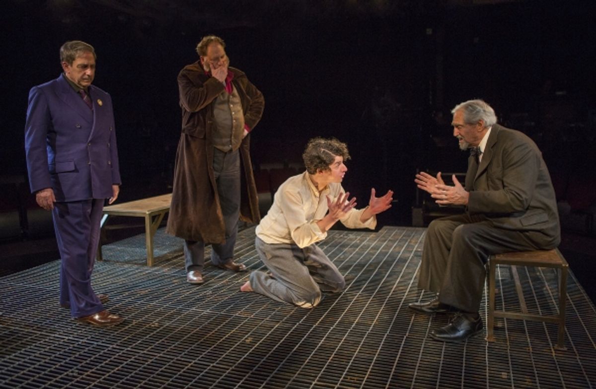 Robert Dorfman as Vasily Korinsky, Ron Orbach as Moishe Bretzky, Eli Gelb as Pinchas Pelovits, and Hal Linden as Yevgeny Zunser at 