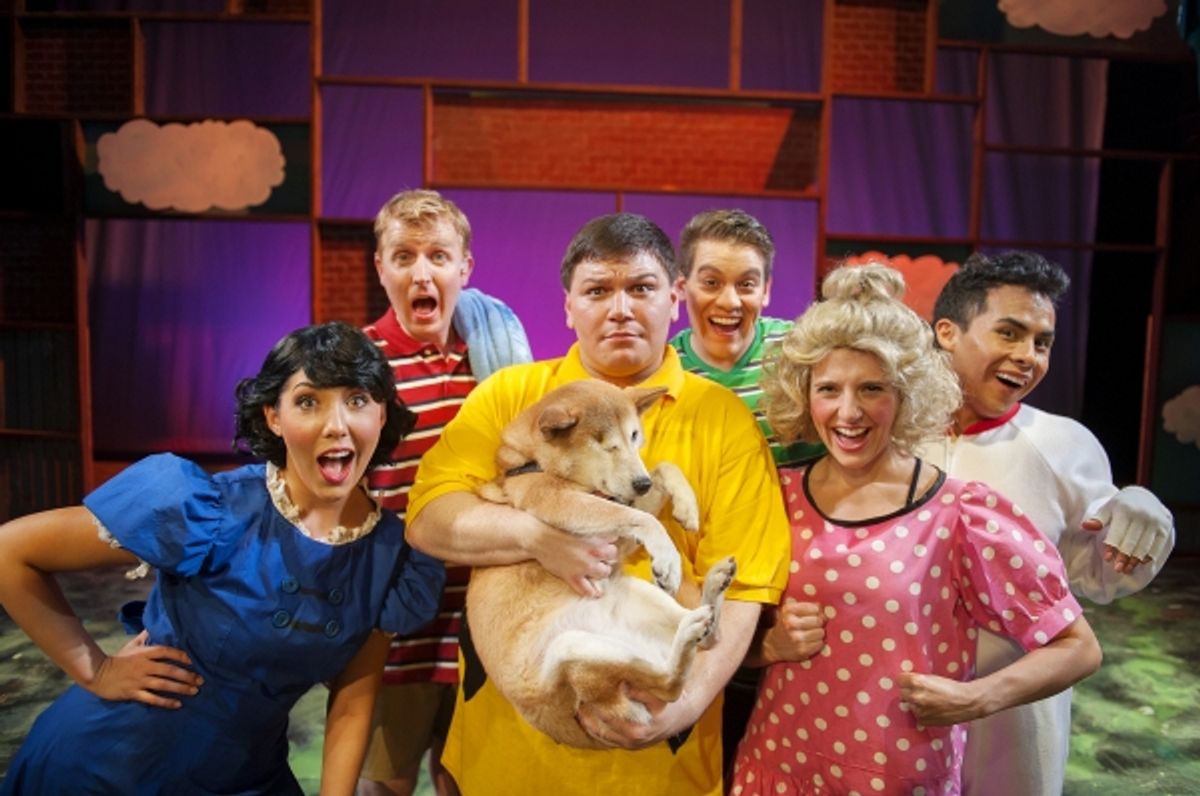 The cast of You''re a Good Man, Charlie Brown (Clockwise Zac Schuman, Danny Quezada, Alex Rodriguez, Harmony Livingston, Ashley Cowl*, Kevin Hammond) with rescued puppy, Pirate Jenny.  Berkeley Playhouse is teaming with Berkeley Humane for the run of You' at 