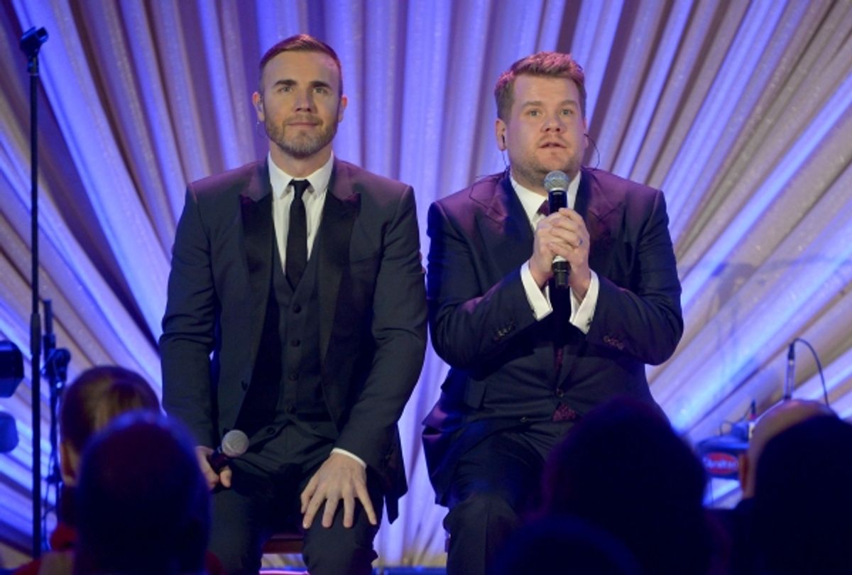 LOS ANGELES, CA - FEBRUARY 21:  Singer Gary Barlow (L) and actor/comedian James Corden speak onstage during The Weinstein Company's Academy Awards Nominees Dinner in partnership with Chopard, DeLeon Tequila, FIJI Water and MAC Cosmetics on February 21, 2 at 