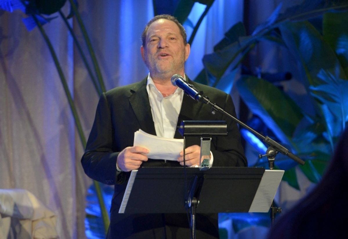 LOS ANGELES, CA - FEBRUARY 21:  Co-Chairman of The Weinstein Company Harvey Weinstein speaks onstage during The Weinstein Company's Academy Awards Nominees Dinner in partnership with Chopard, DeLeon Tequila, FIJI Water and MAC Cosmetics on February 21, 2 at 