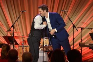 LOS ANGELES, CA - FEBRUARY 21: Singer Gary Barlow (L) and actor Matthew Morrison perform onstage during The Weinstein Company's Academy Awards Nominees Dinner in partnership with Chopard, DeLeon Tequila, FIJI Water and MAC Cosmetics on February 21, 2015 @ BroadwayWorld LOS ANGELES, CA - FEBRUARY 21: Singer Gary Barlow (L) and actor Matthew Morrison per Photo